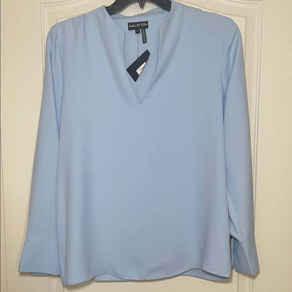 Halston Sky Blue V-Neck Blouse sz L